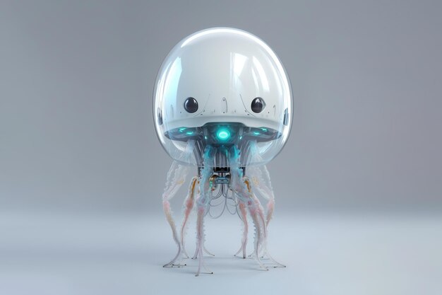 Cybernetic cute jellyfish robot with transparent glass body 3D style digital illustration