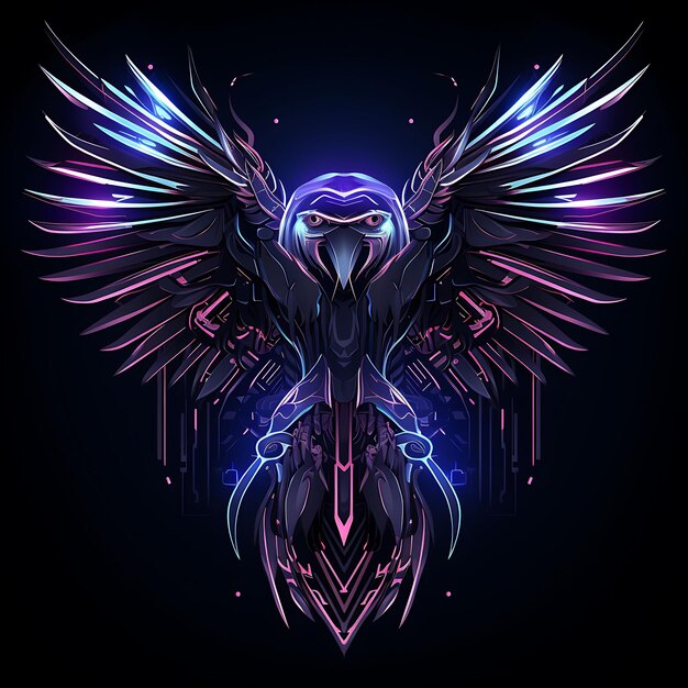 Cybernetic Eagle Borderline Design Neon Lines Style Robotic Y2K Shapes Neon Transparent Light Art