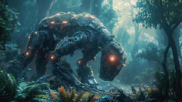 Cybernetic forest with robotic wildlife and holographic foliage