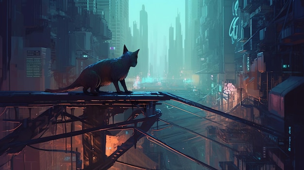 A cybernetic fox darting across rooftops Fantasy concept Illustration painting Generative AI