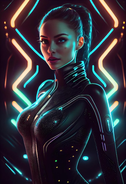 Cybernetic hero girl character portrait under dark neon lighting