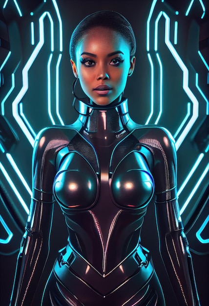 Cybernetic hero girl character portrait under dark neon lighting