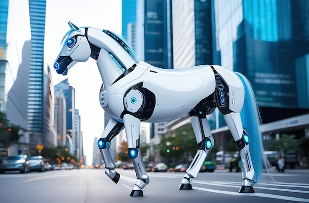 Cybernetic horse on the street of a big city