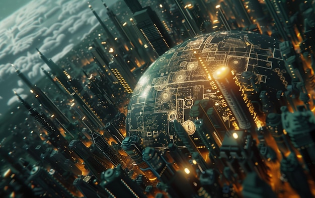 サイバーネティック・メトロポリス (Cybernetic Metropolis) はサークルボードのパターンと複雑に融合した未来的な都市風景を象徴しています