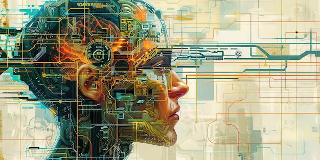 Фото Кибернетический профиль человеческой головы с цифровым интерфейсом мозга