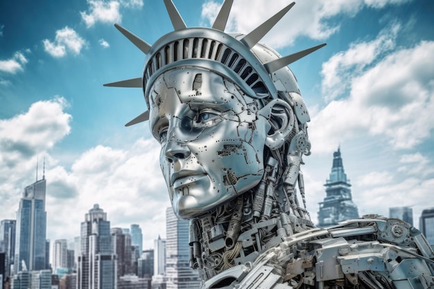 사이버네틱스 자유의 여신상이 뉴욕의 고층 빌딩을 배경으로 걷는 Generative AI