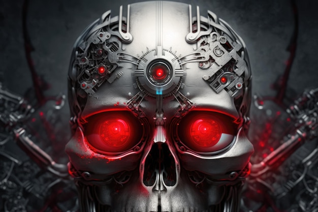 Photo cybernetic technology represented by red artificial eyes and a metallic robot skull