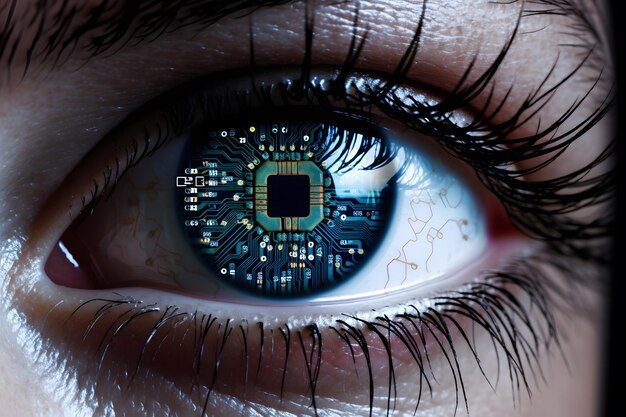 Photo cybernetic vision closeup of stunning robotic blue eye