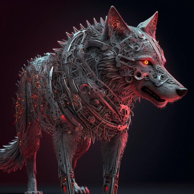 Cybernetic wolf with red glowing eyes