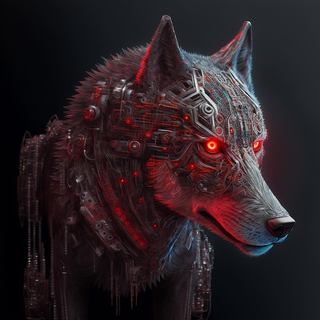 Cybernetic wolf with red glowing eyes