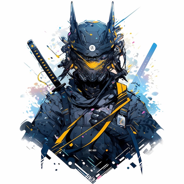 Cybernetically Enhanced Anime Samurai In Futuristic Armor Glares Intensely Through Visor With Streng