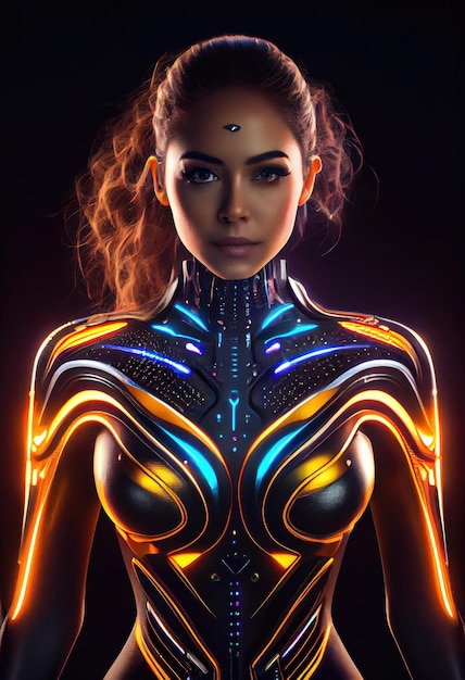 Cybernetisch heldenmeisje karakterportret onder donkere neonverlichting