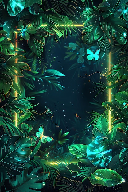 Cybernetisch regenwoud Arcane Frame met digitale planten en N Neon Color Background Art Collection
