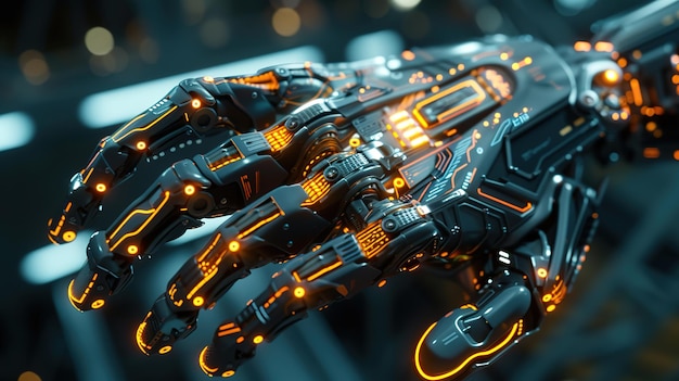 Cybernetische arm close-up tonen het complexe netwerk van gloeiende circuits en patronen symbool van adv