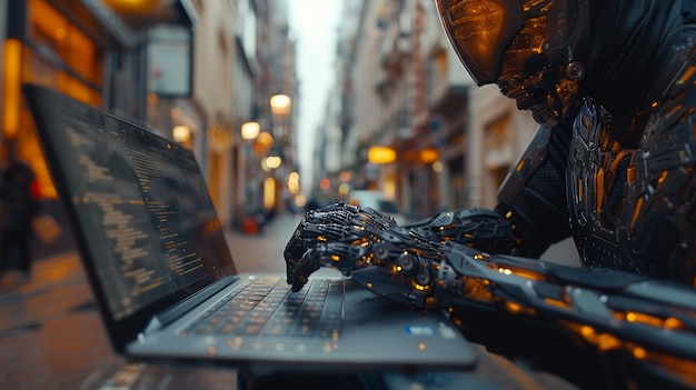 Cybernetische handen typen op een laptop in een stedelijke omgeving