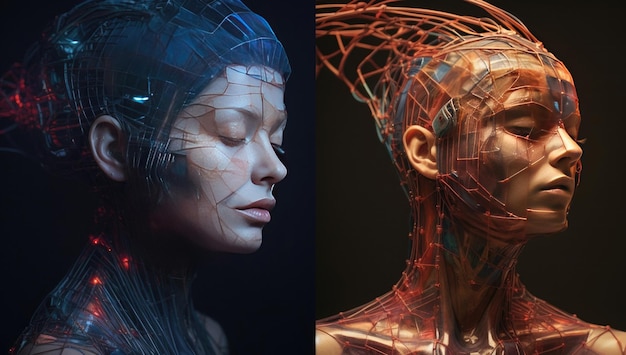 Cybernetische vrouw geconfronteerd met futuristische technologie en robotica concept ai gegenereerd