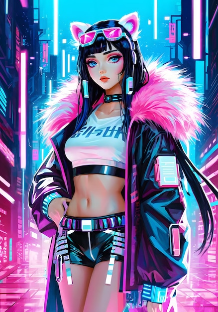 Cyberpunk achtergrond met roze en blauwe lichten GIRL