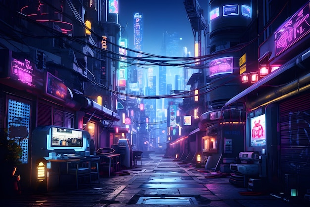 A cyberpunk alley with flickering neon signs