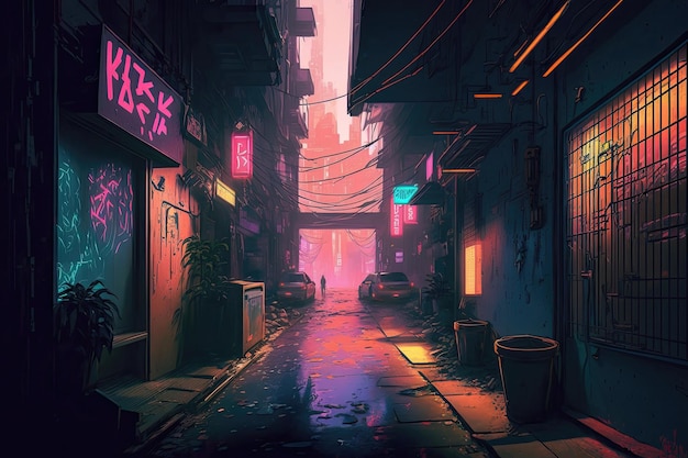 Cyberpunk Alleyway с генеративным искусственным интеллектом неоновых граффити