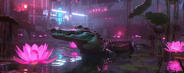 Photo a cyberpunk alligator monitors the neon swamp through glowing lily cameras keeping intruders at bay