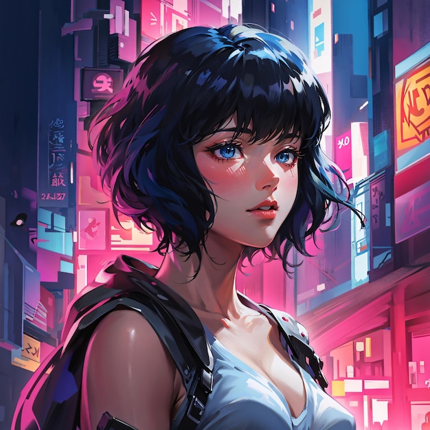 cyberpunk anime girl illustration with vivid bright colors