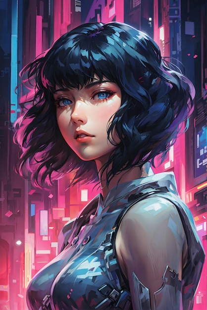 cyberpunk anime girl illustration with vivid bright colors