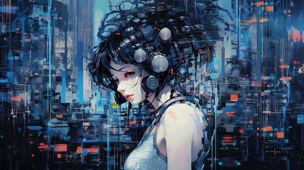 cyberpunk anime girl oil painting