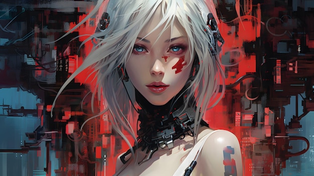 Cyberpunk anime girl oil painting