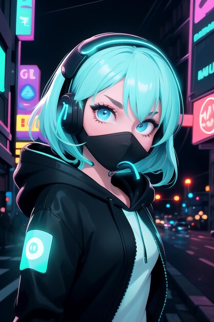 Cyberpunk anime girl with headphones blue eyes