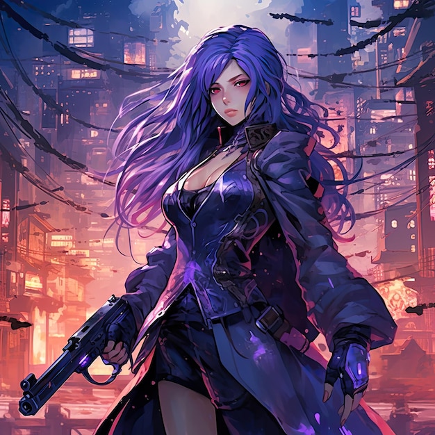 Cyberpunk Anime Girl with weapons and long flowing purple hair