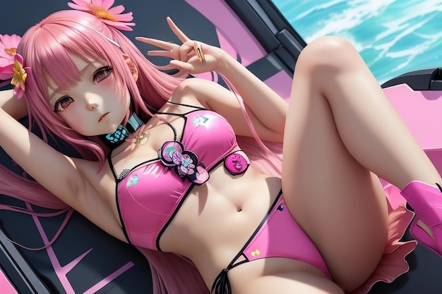 Cyberpunk anime meisje in een roze bikini