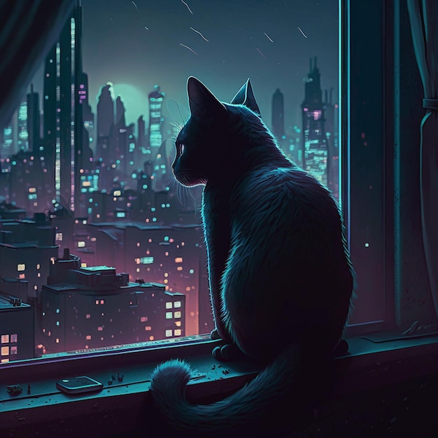 In a cyberpunk art aestheticism nightscape a black cat is sitting on a windowsill and gazing at the city AI