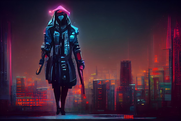 Figura di assassino cyberpunk nella notte in stile cyberpunk illuminato al neon ambiente urbano rete neurale generata arte