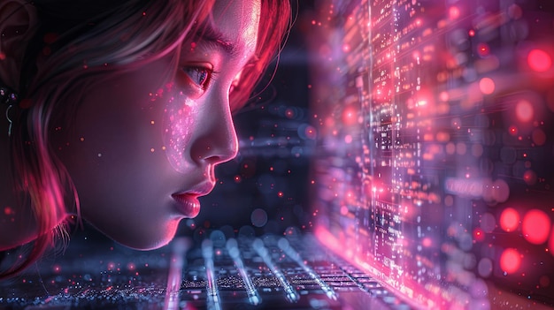 Cyberpunk Aziatische meisje met laptop en binaire code