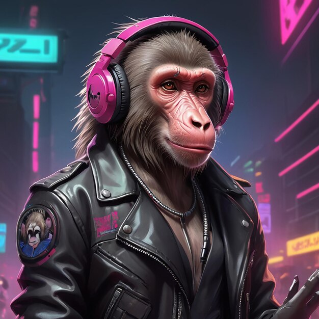 Cyberpunk Baboon in Leather and Headphones by Alex Petruk APe AI GENERATED