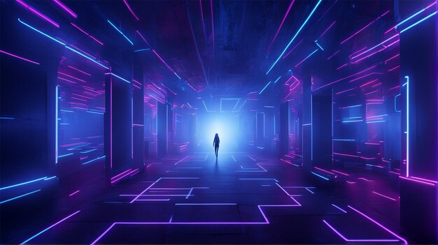 Photo cyberpunk background concept man walking in cave neon background 3d rendering