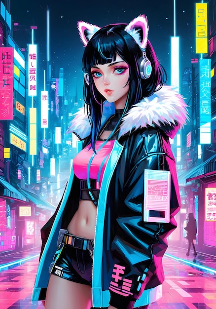 cyberpunk background with pink and blue lights GIRL
