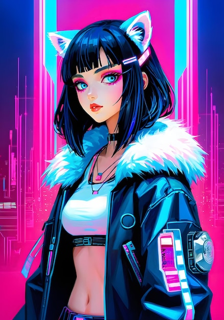 cyberpunk background with pink and blue lights GIRL