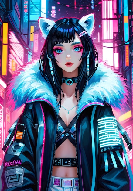 cyberpunk background with pink and blue lights GIRL