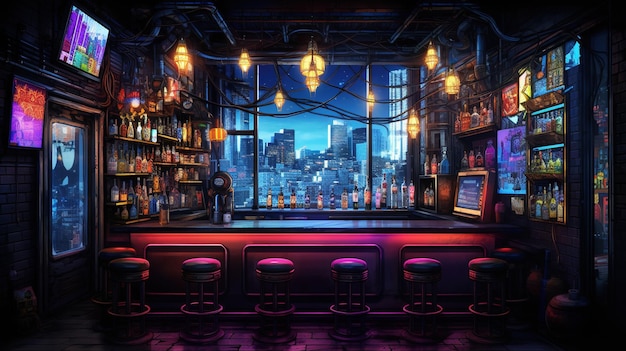 cyberpunk bar in neon style Fantasy concept Illustration painting