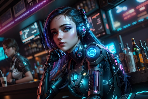 cyberpunk beautiful girl sitting inside a bar