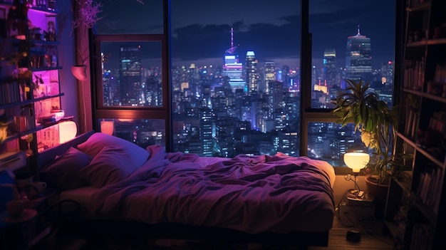 A cyberpunk bedroom with a view of a city at night