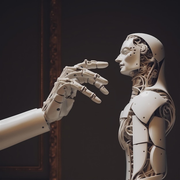 Cyberpunk Big Robot Hand Touching Sculpt Humanoid Robot art op Exhibition Droid World without people Generative AI