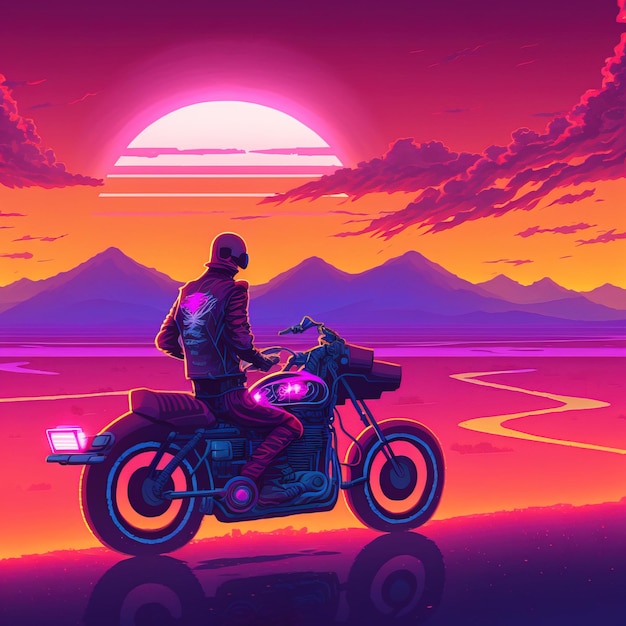 Motociclista cyberpunk su una moto futuristica su un paesaggio retrowave al tramonto