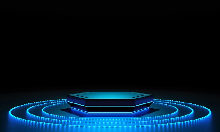 Cyberpunk blauw leeg podium met gloeiende bol bal ring lampen in het donker voor productpresentatie Technologie en Scifi concept 3D illustratie rendering