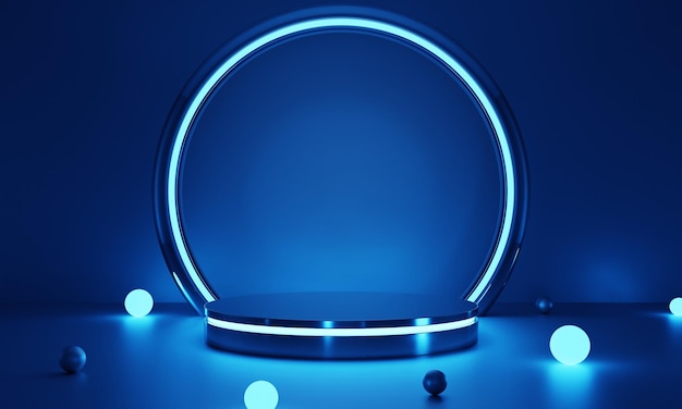 Cyberpunk blauw leeg podium met gloeiende lamp in het donker voor productpresentatie Technologie en Scifi concept 3D illustratie rendering