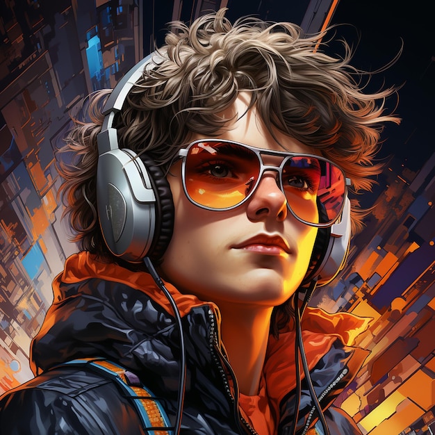 Cyberpunk boy wearing cyberpunk headphone