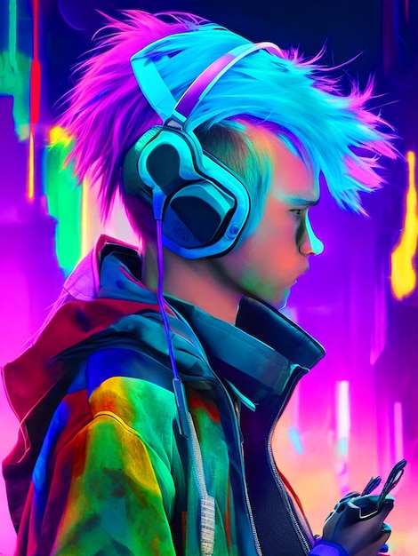 cyberpunk boy with multicolored hair and headphones images download