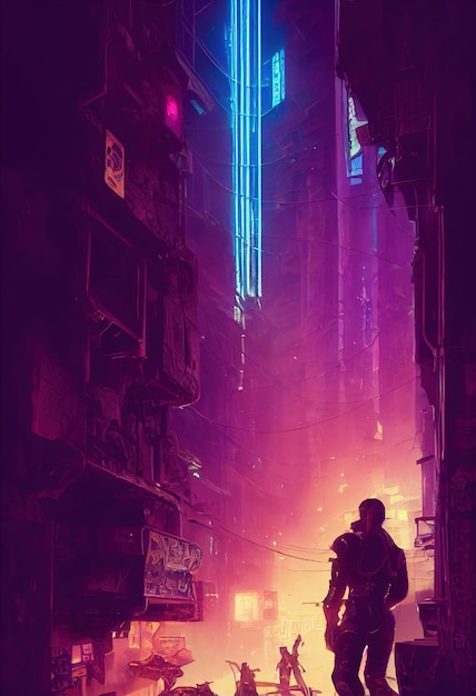 Cyberpunk car on the background of the city illustration