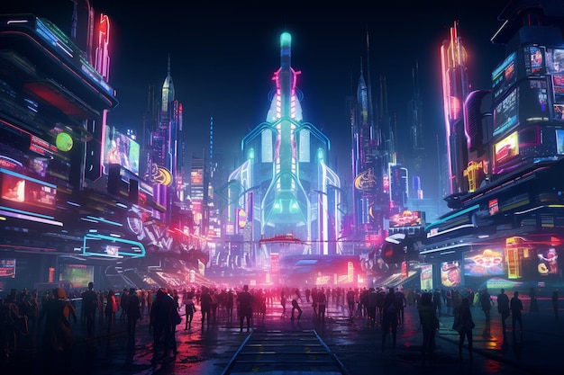 Cyberpunk carnival in a neonlit megacity